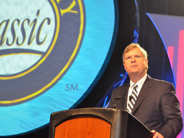 Former Agriculture Secretary Tom Vilsack speaking at Commodity Classic last year. Vilsack has accepted a job as head of the U.S. Dairy Export Council. 